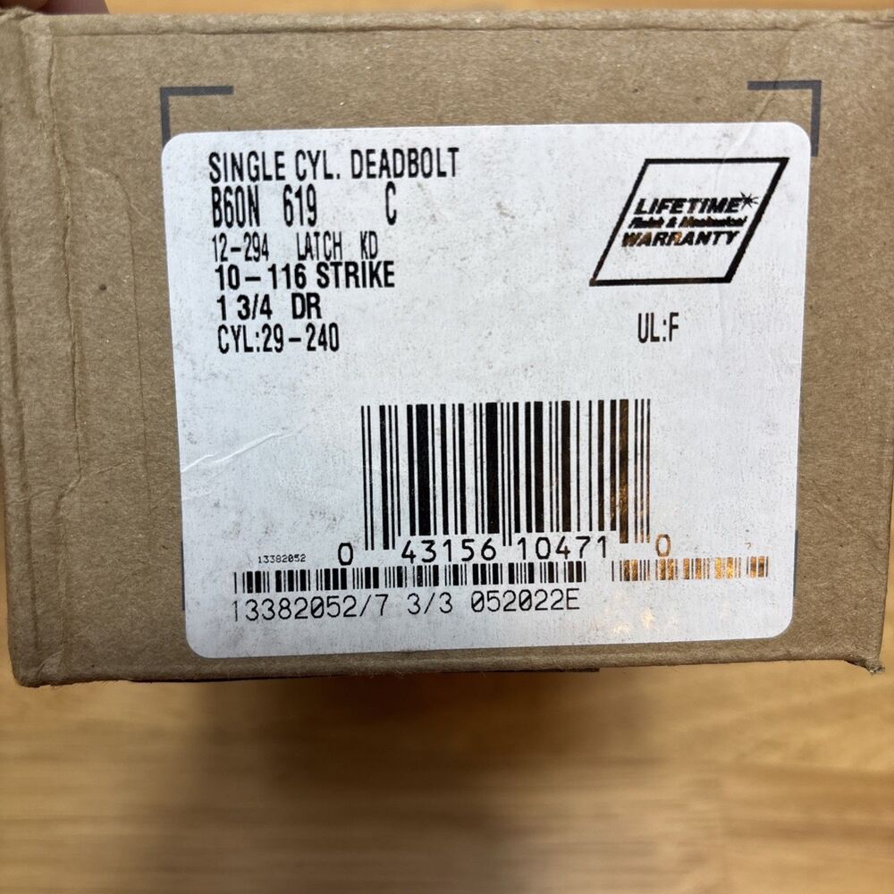 Schlage B60N 619 Single Cylinder Keyed Entry Deadbolt in Satin Nickel NOB